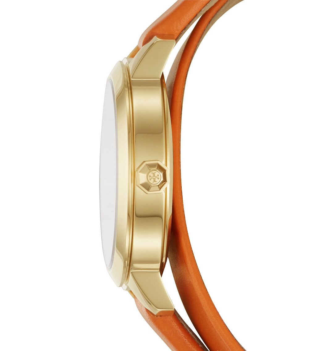 Tory Burch Collins Double-wrap Watch, Orange Leather/gold-tone, 32 